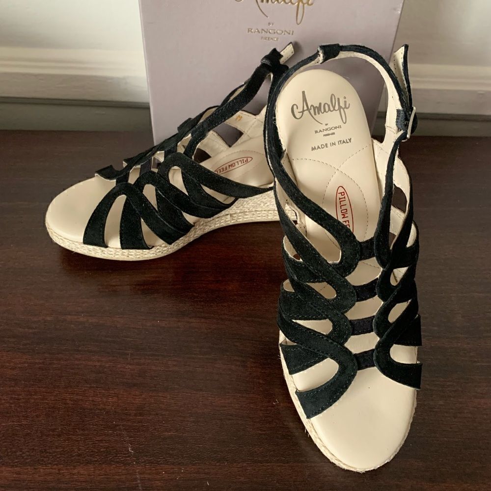 Amalfi by Rangoni Women’s suede leather espadrille wedge black sandal Sz 6 NIB